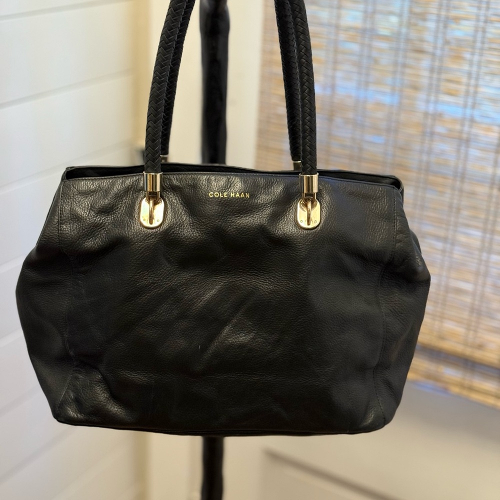 Cole Haan Braided Handle Black Leather Tote